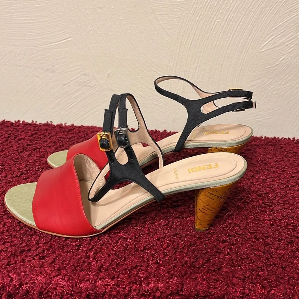 Fendi Olive Faille Color Block Ankle Strap Sandals size 8 - Picture 4 of 17